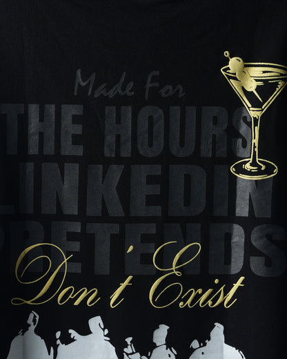 Close-up of After Hours back graphic on black Untucked T-shirt